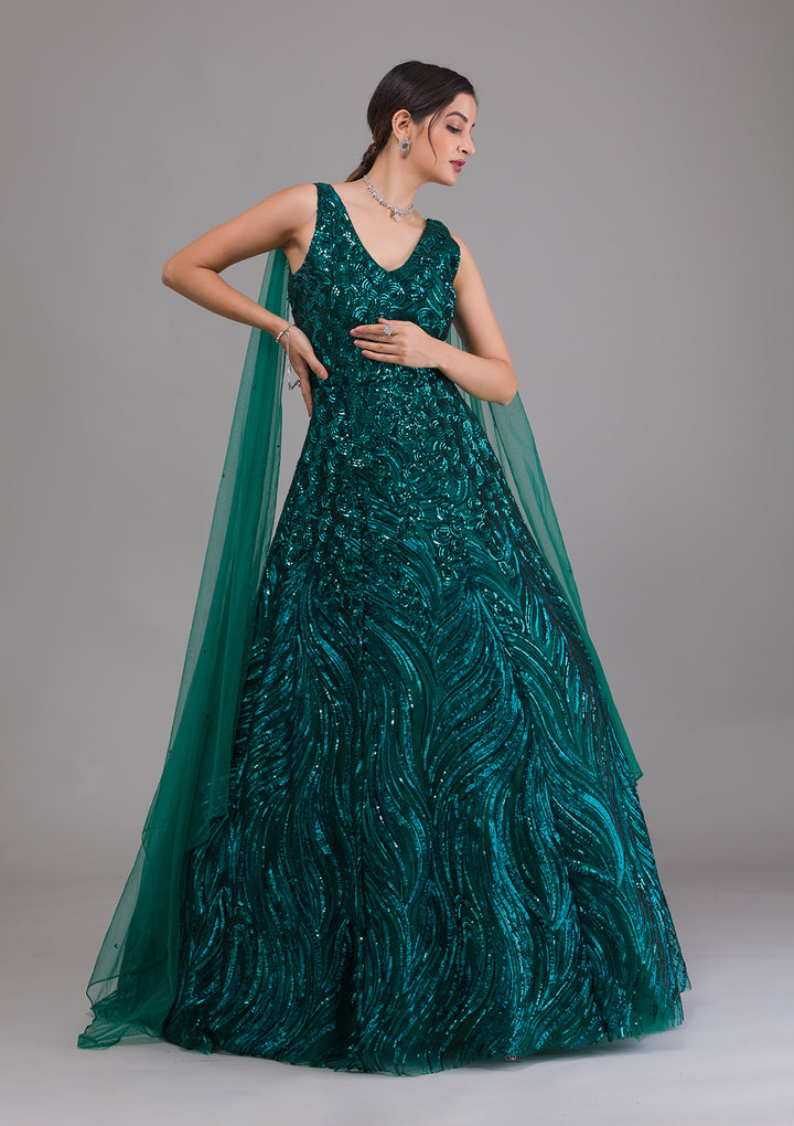 Bottle Green Sequins Net Designer Gown-Koskii