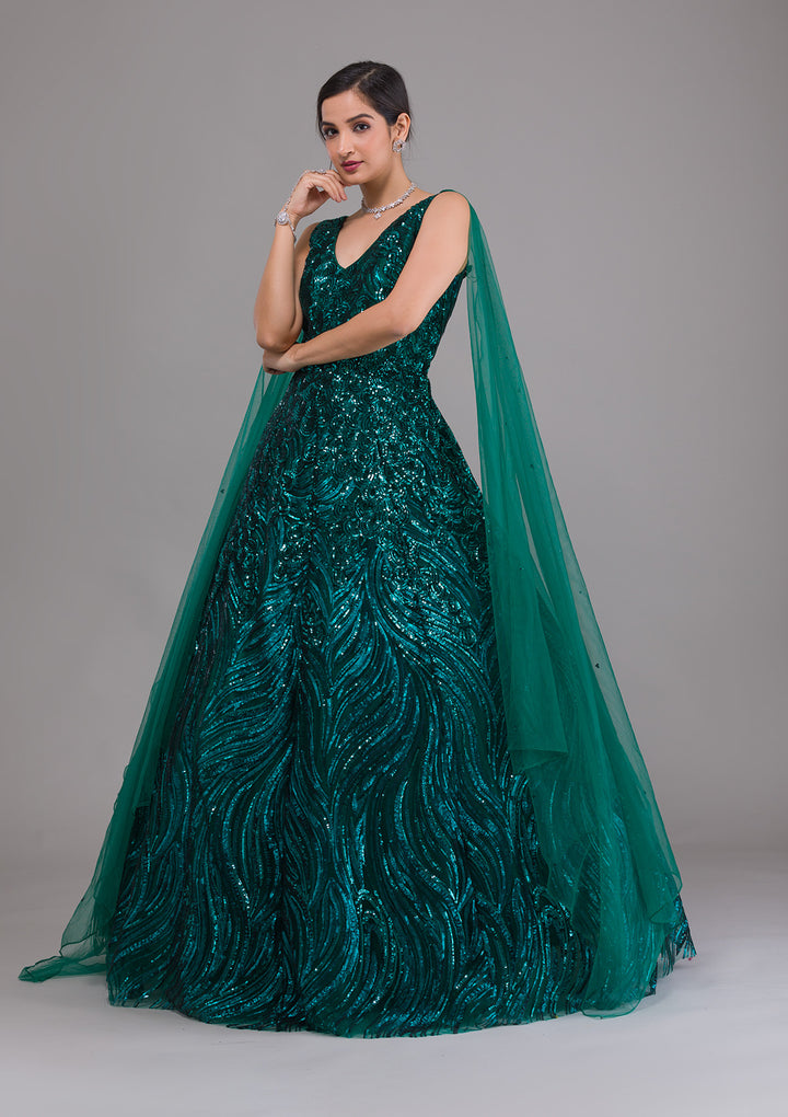 Bottle Green Sequins Net Designer Gown-Koskii