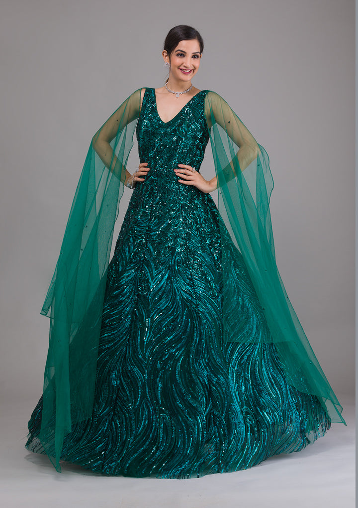 Bottle Green Sequins Net Designer Gown-Koskii