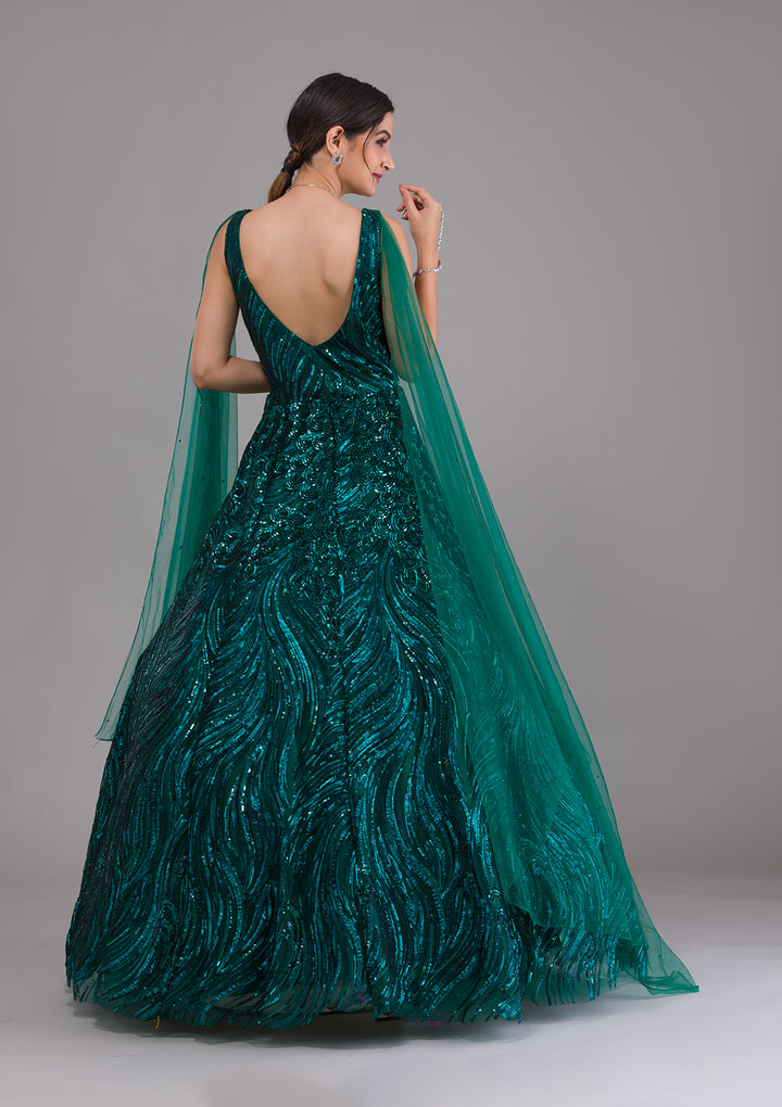 Bottle Green Sequins Net Designer Gown-Koskii
