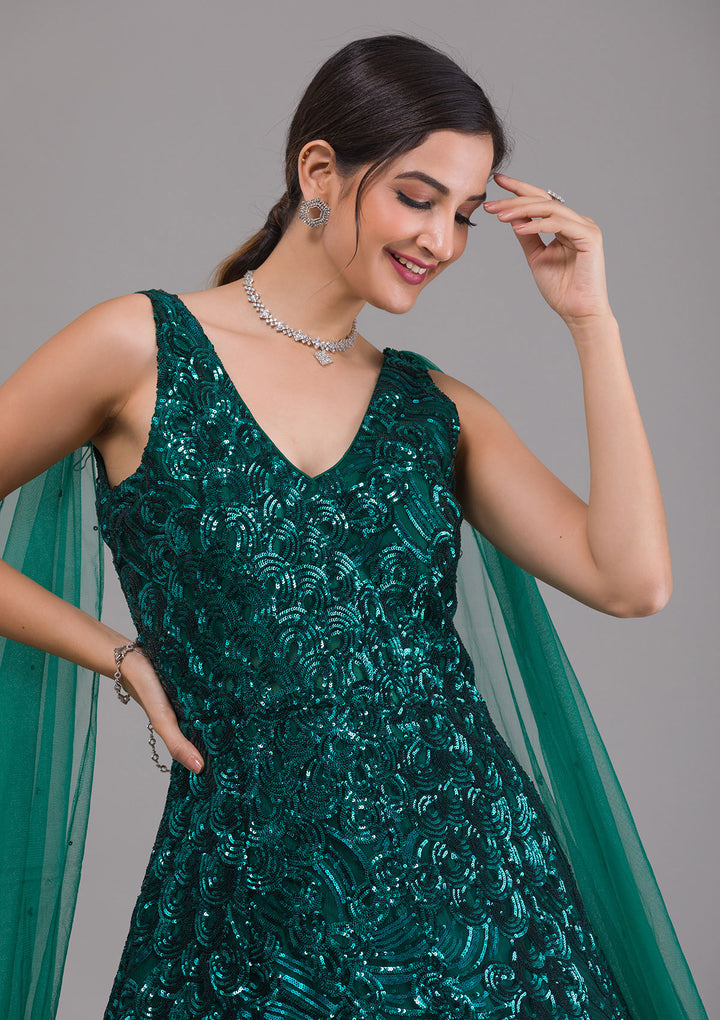 Bottle Green Sequins Net Designer Gown-Koskii