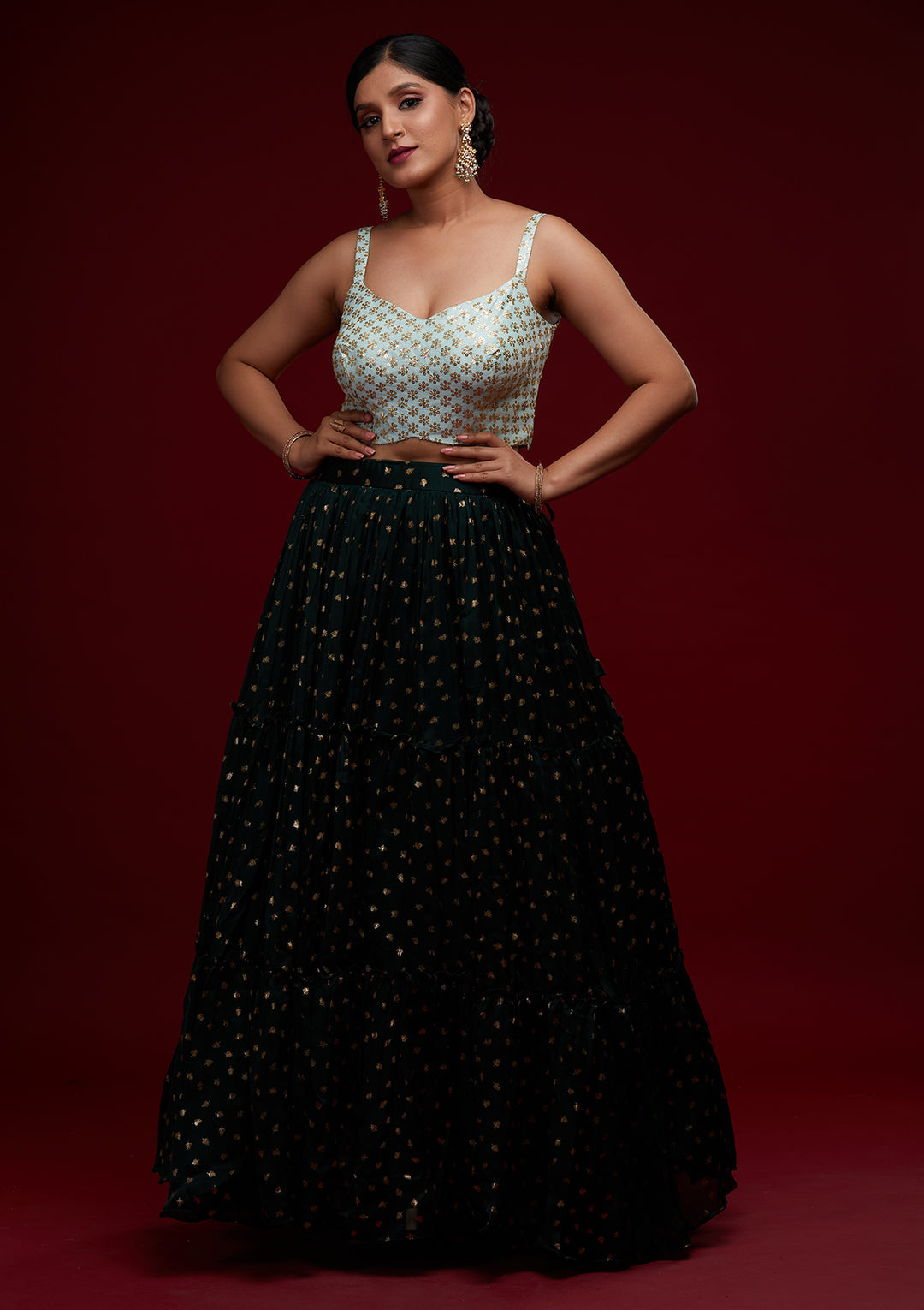 Bottle Green Sequins Semi Crepe Designer Lehenga - Koskii