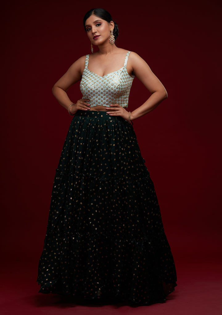 Bottle Green Sequins Semi Crepe Designer Lehenga - Koskii