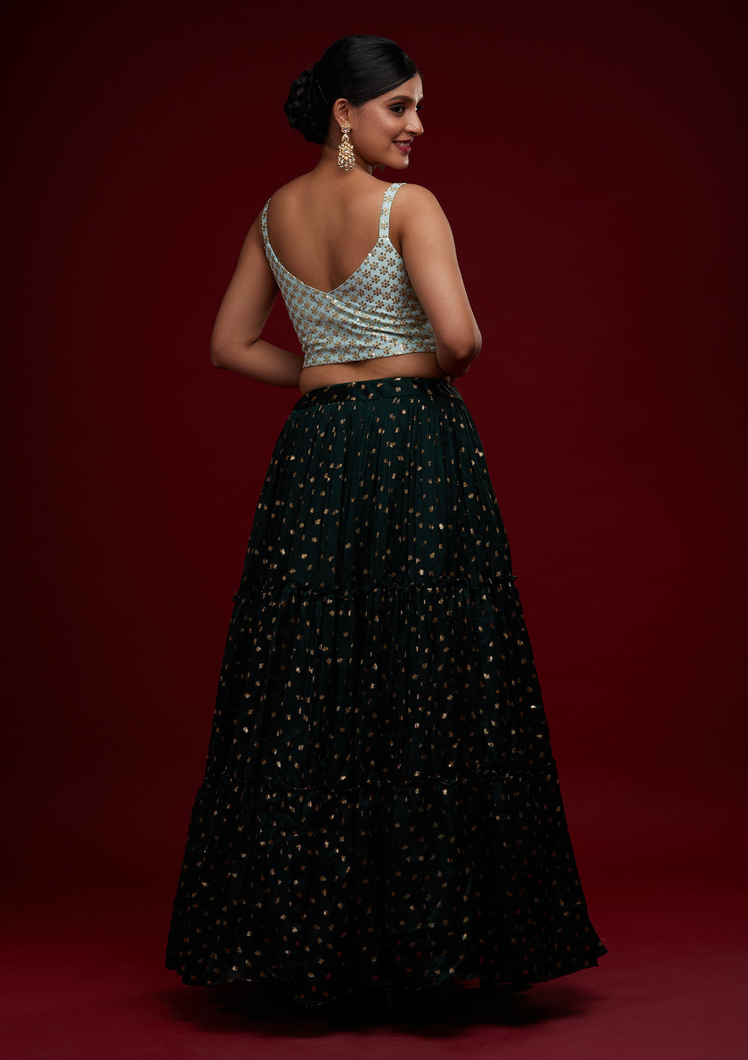 Bottle Green Sequins Semi Crepe Designer Lehenga - Koskii