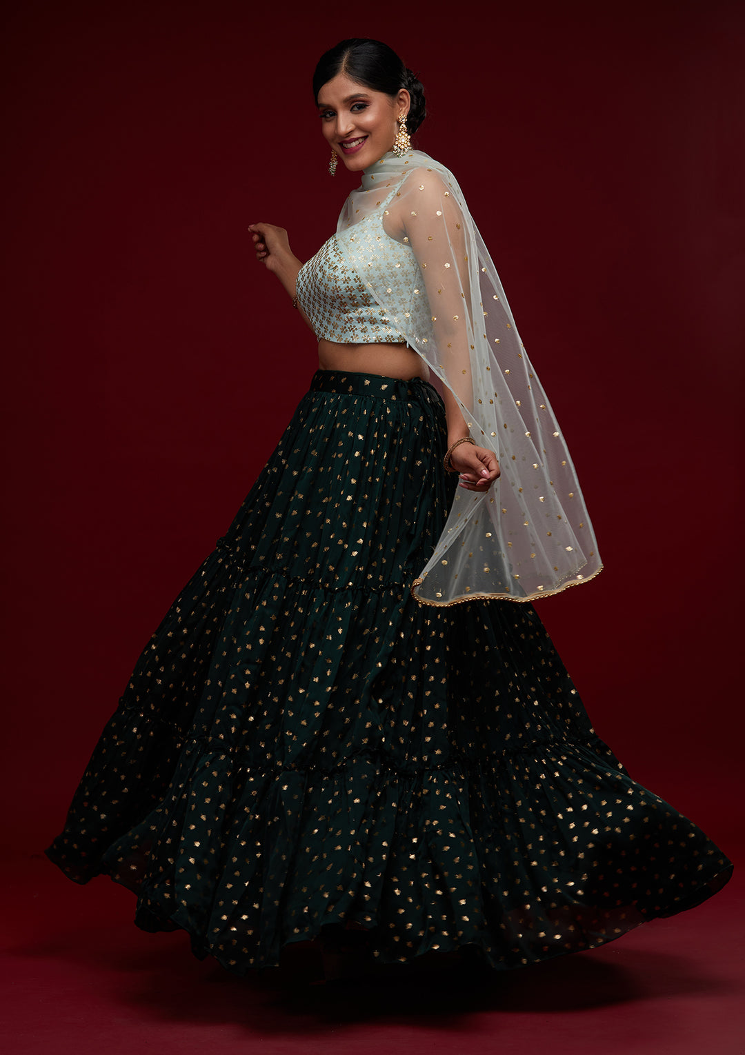 Bottle Green Sequins Semi Crepe Designer Lehenga - Koskii
