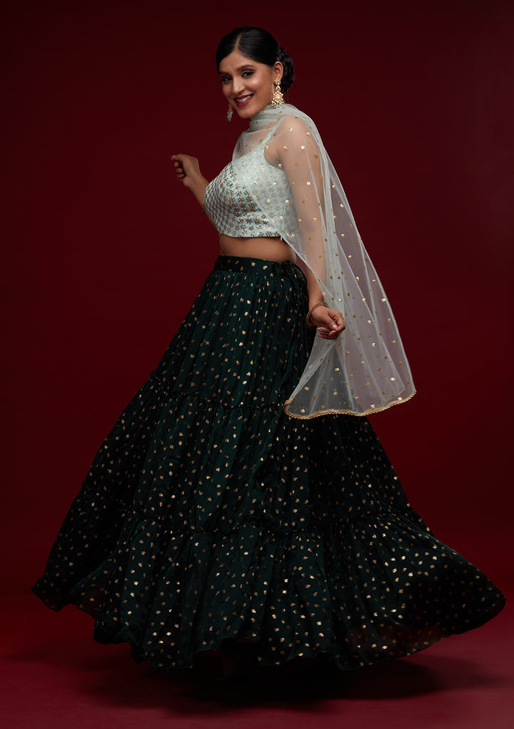 Bottle Green Sequins Semi Crepe Designer Lehenga - Koskii