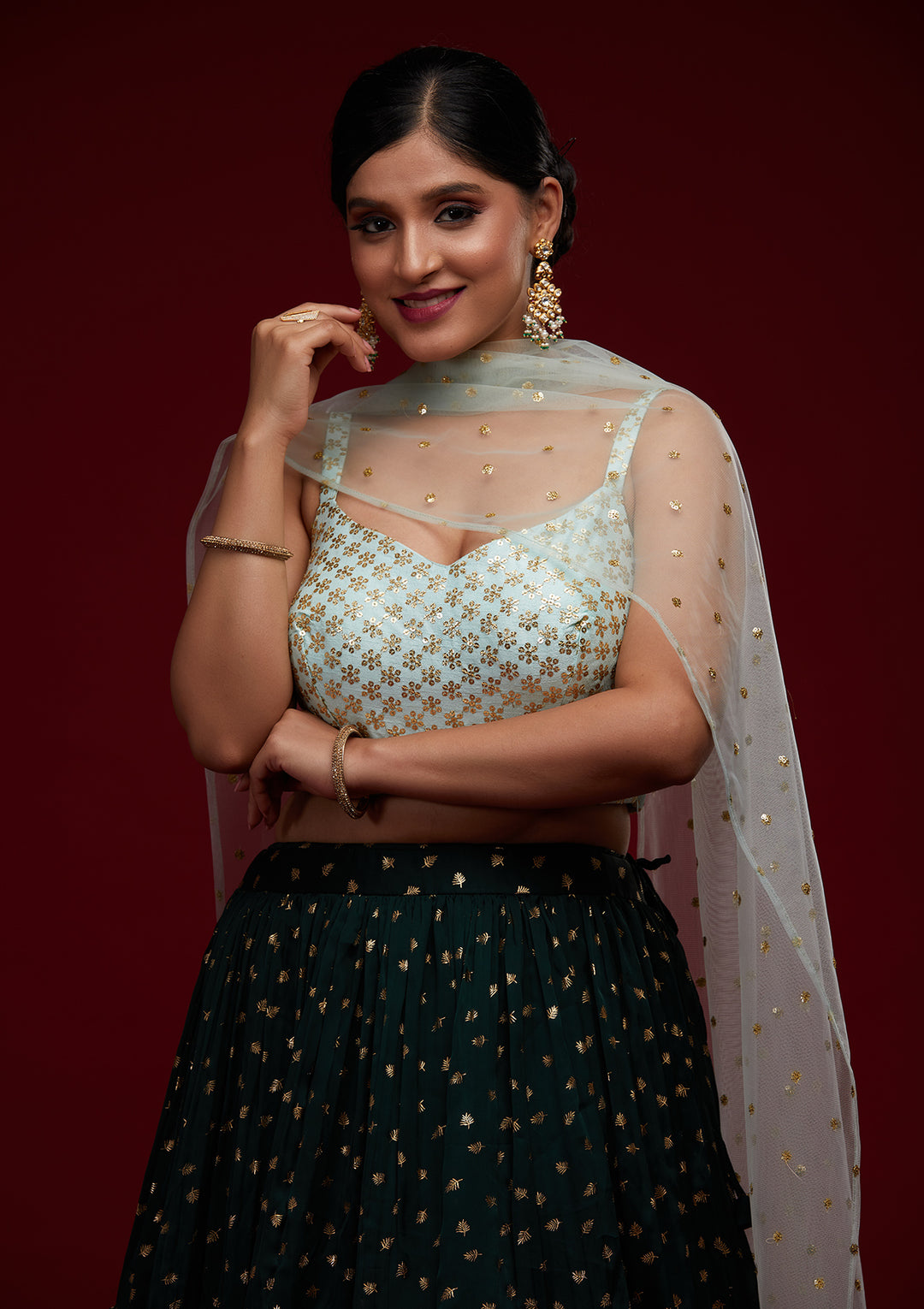 Bottle Green Sequins Semi Crepe Designer Lehenga - Koskii