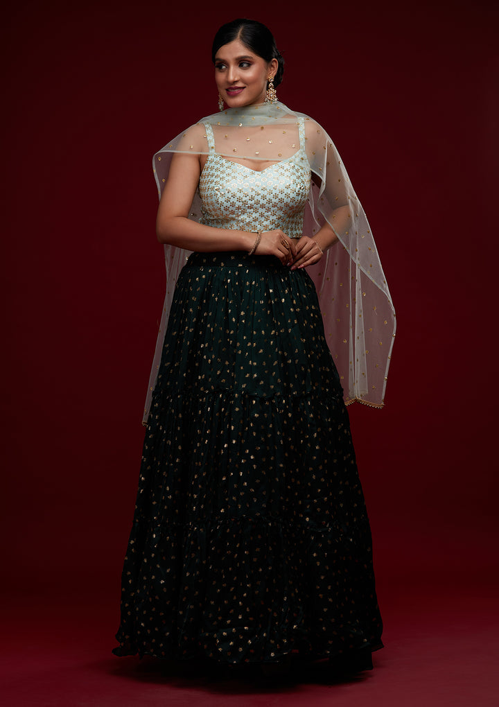 Bottle Green Sequins Semi Crepe Designer Lehenga - Koskii