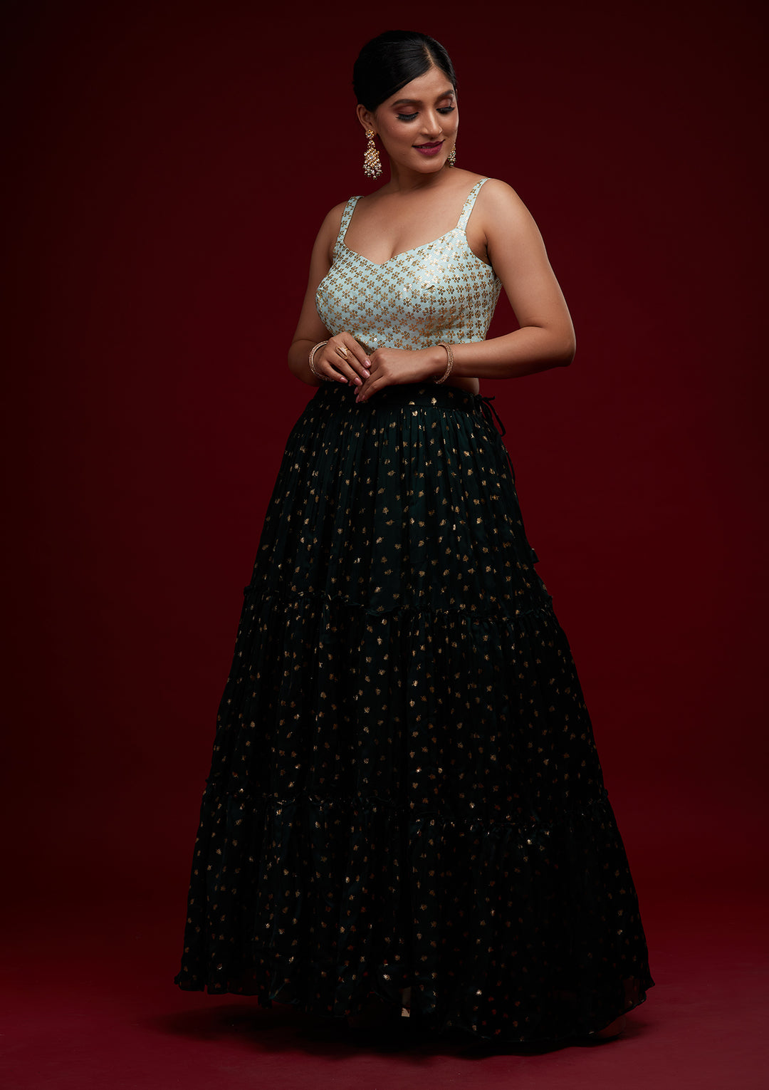 Bottle Green Sequins Semi Crepe Designer Lehenga - Koskii