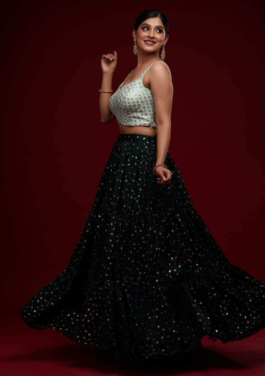 Bottle Green Sequins Semi Crepe Designer Lehenga - Koskii