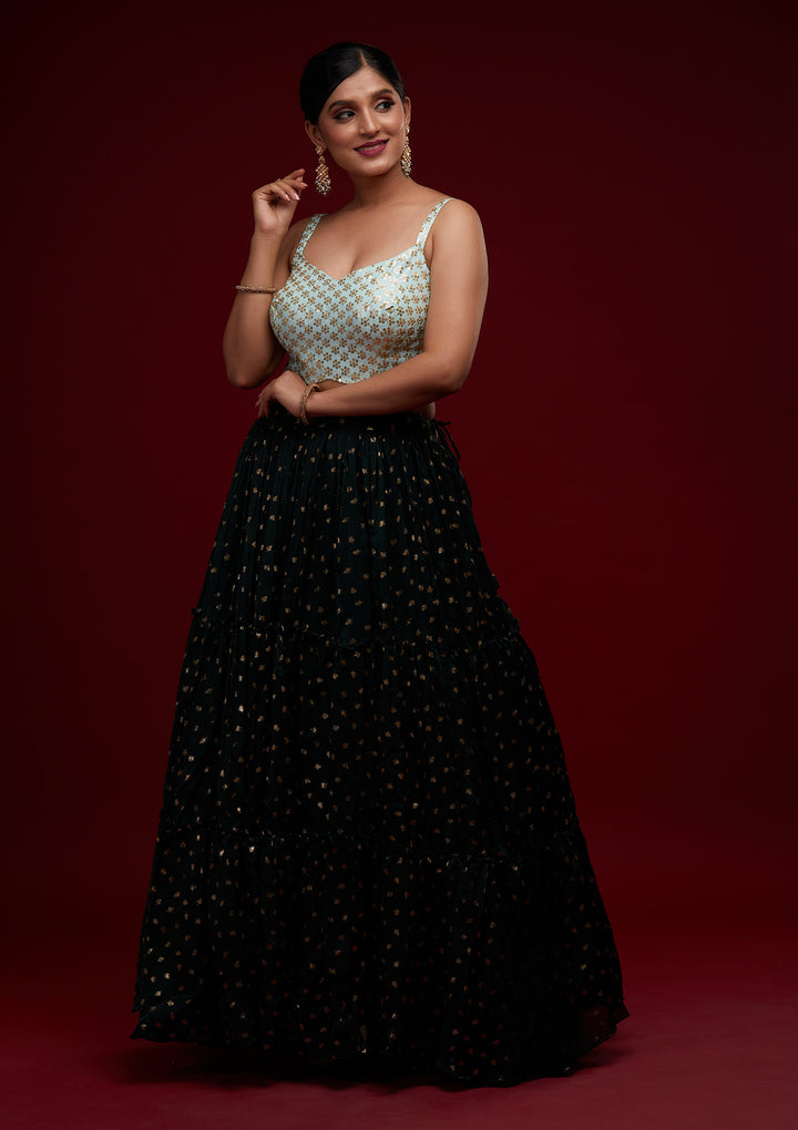 Bottle Green Sequins Semi Crepe Designer Lehenga - Koskii