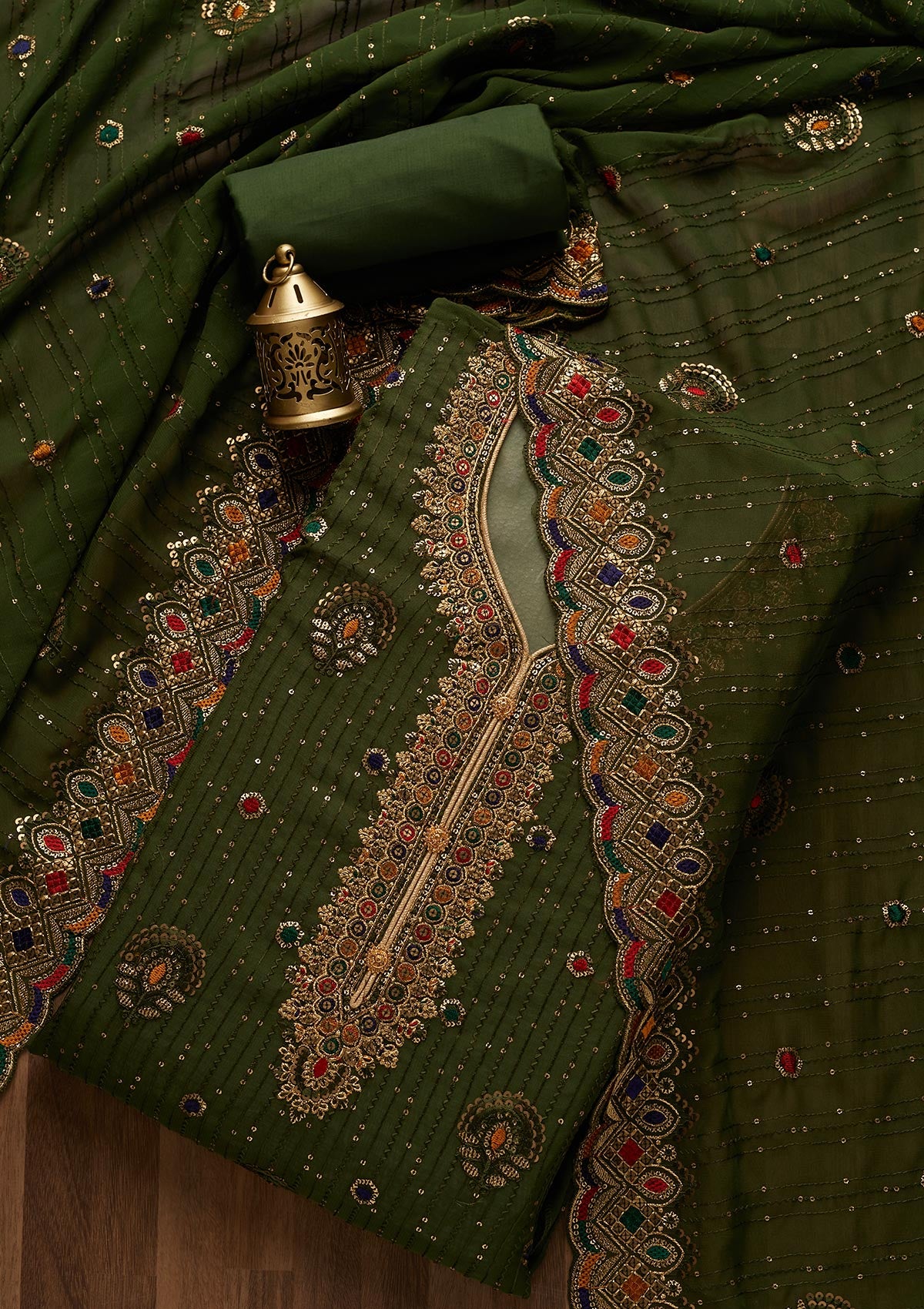 Bottle Green Sequins Semi Crepe Semi-Stitched Salwar Suit- Koskii