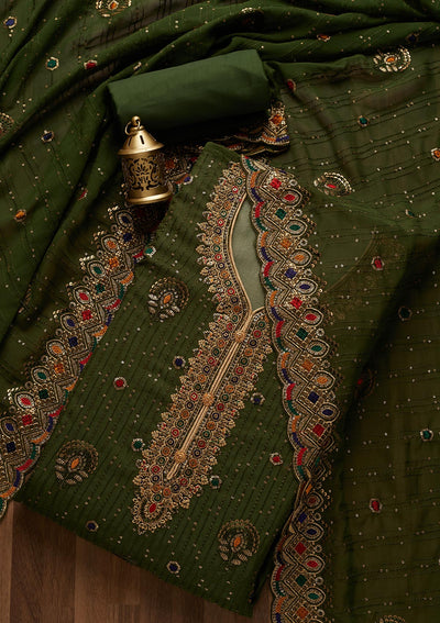 Bottle Green Sequins Semi Crepe Semi-Stitched Salwar Suit- Koskii