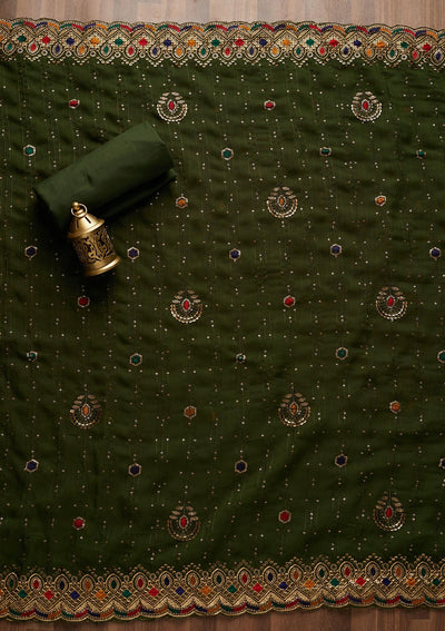 Bottle Green Sequins Semi Crepe Semi-Stitched Salwar Suit - Koskii