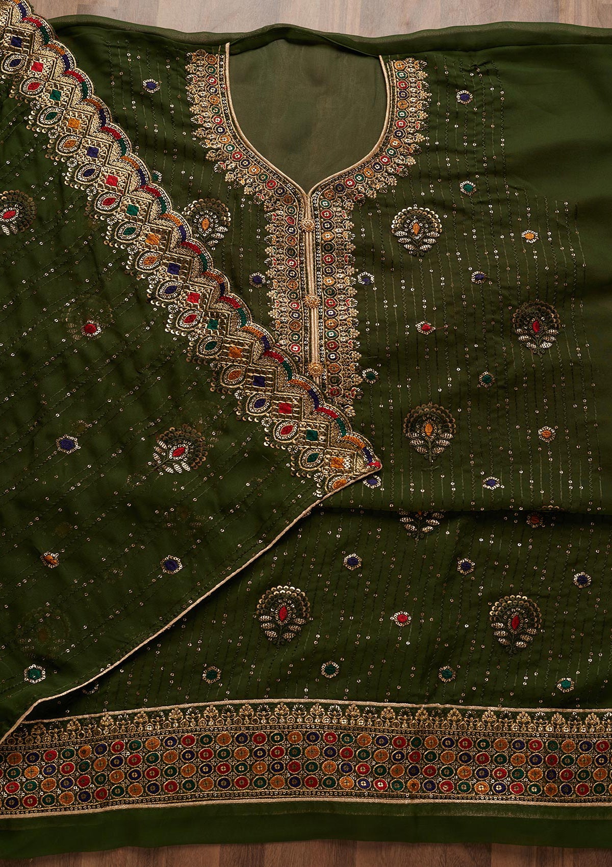 Bottle Green Sequins Semi Crepe Semi-Stitched Salwar Suit - Koskii