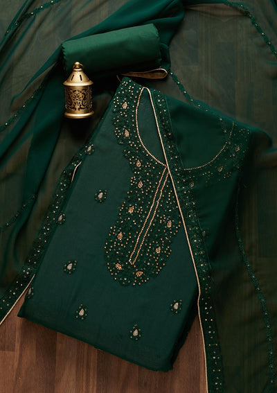 Bottle Green Stonework Georgette  Unstitched Salwar Suit- Koskii