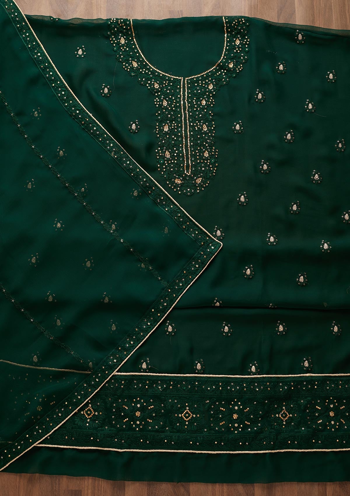 Bottle Green Stonework Georgette  Unstitched Salwar Suit - Koskii