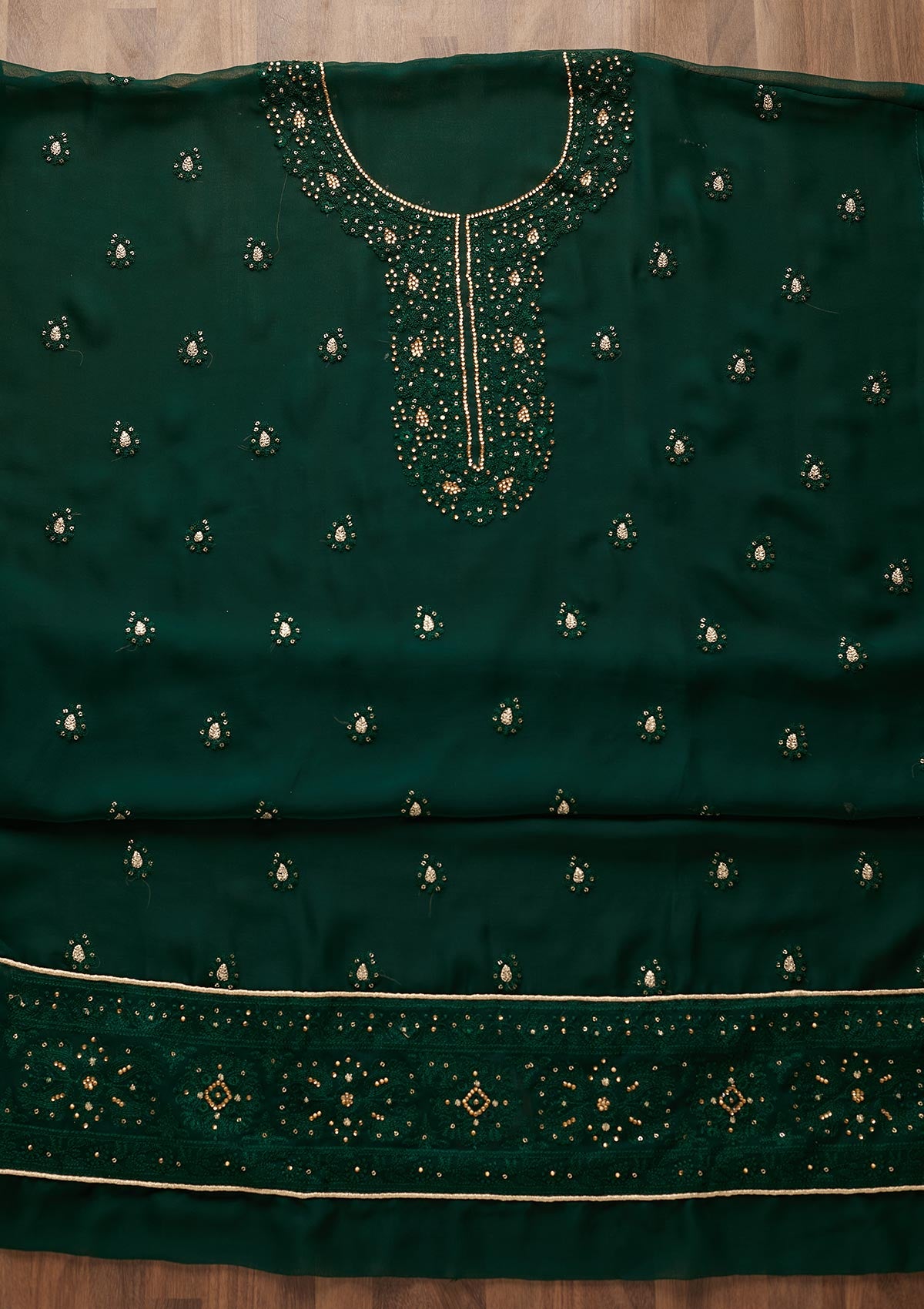 Bottle Green Stonework Georgette  Unstitched Salwar Suit - Koskii