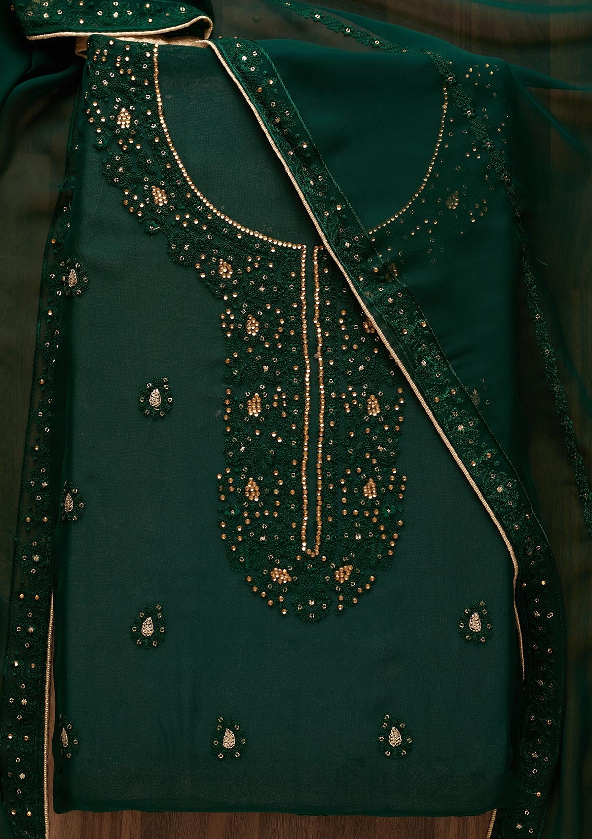 Bottle Green Stonework Georgette  Unstitched Salwar Suit - Koskii