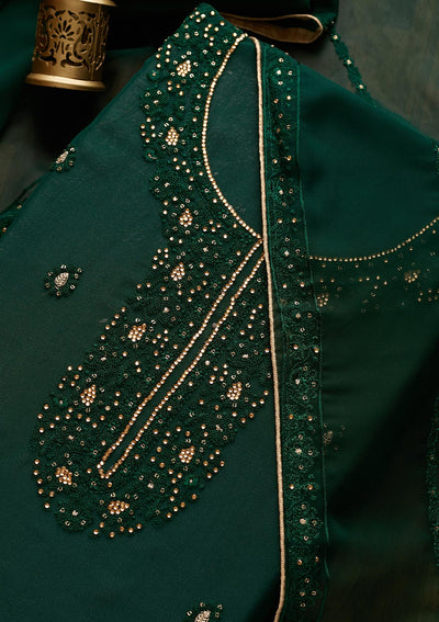 Bottle Green Stonework Georgette  Unstitched Salwar Suit - Koskii