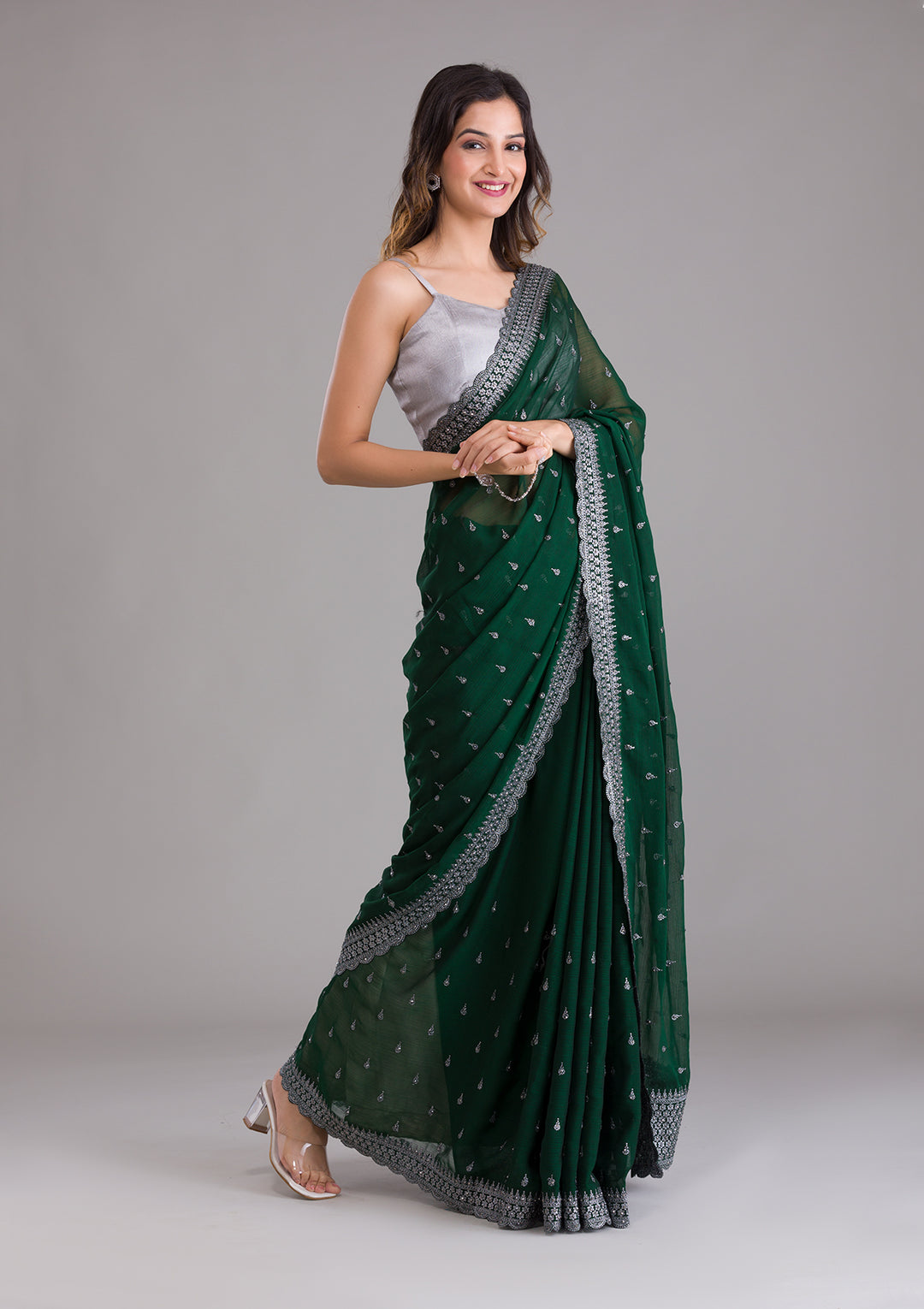 Bottle Green Stonework Georgette Saree-Koskii