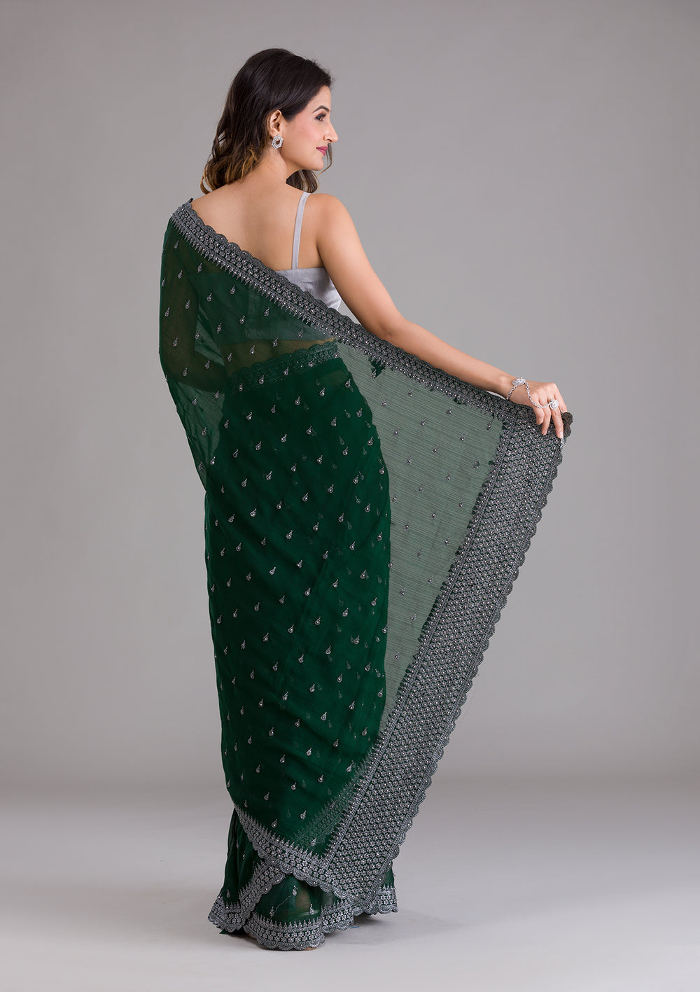 Bottle Green Stonework Georgette Saree-Koskii