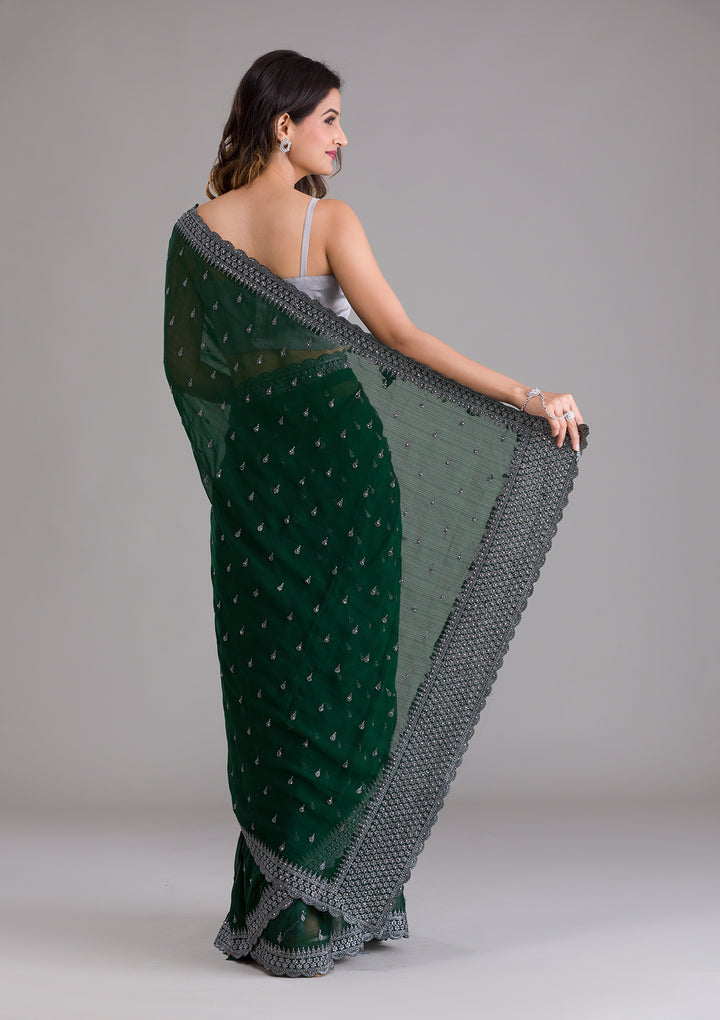 Bottle Green Stonework Georgette Saree-Koskii