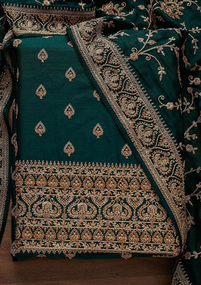 Bottle Green Stonework Raw Silk Designer Unstitched Salwar Suit - Koskii