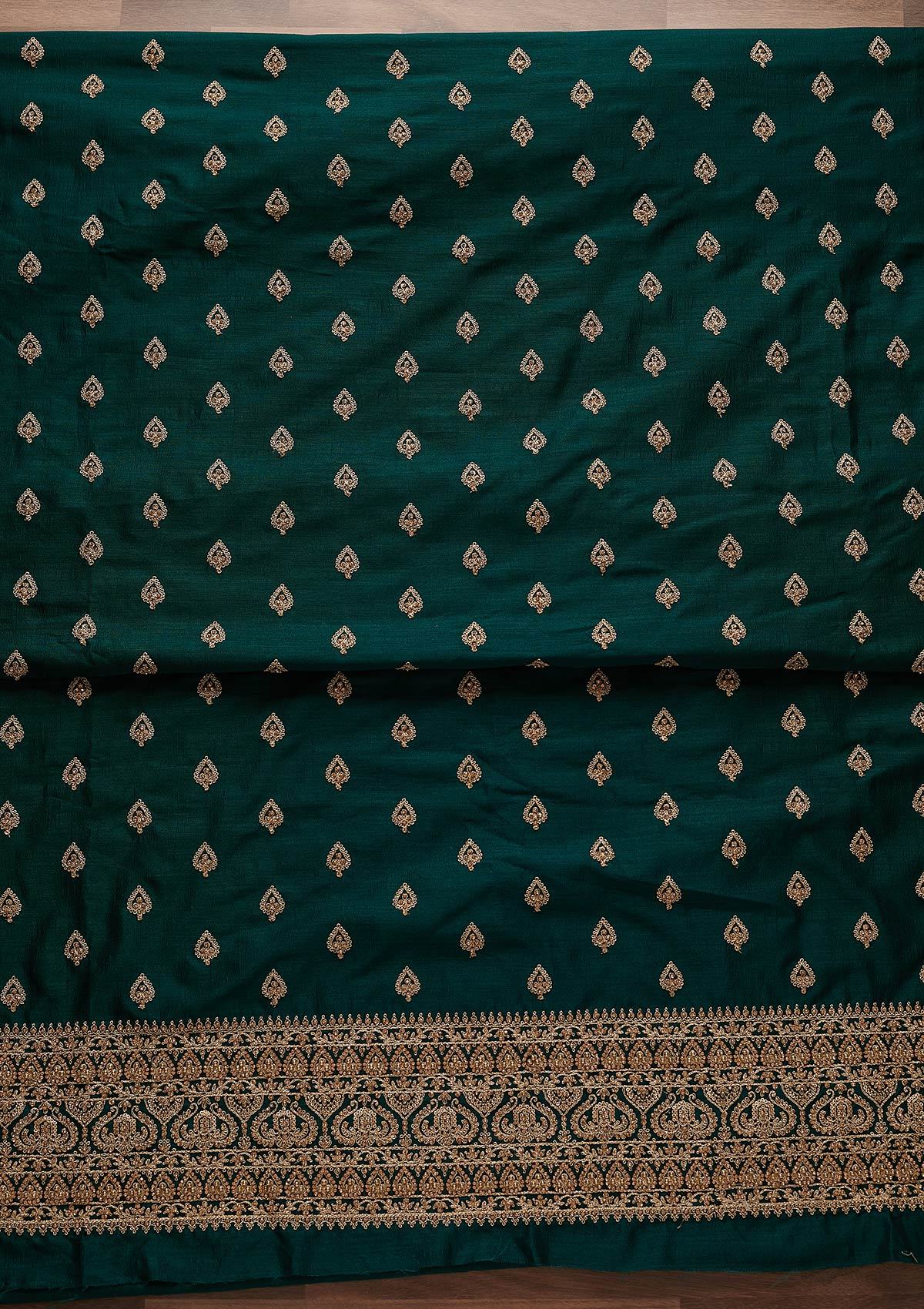 Bottle Green Stonework Raw Silk Designer Unstitched Salwar Suit - Koskii