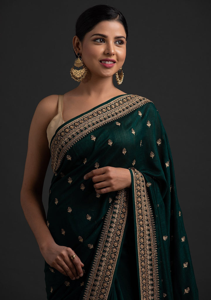 Bottle Green Stonework Raw Silk Designer Saree - koskii