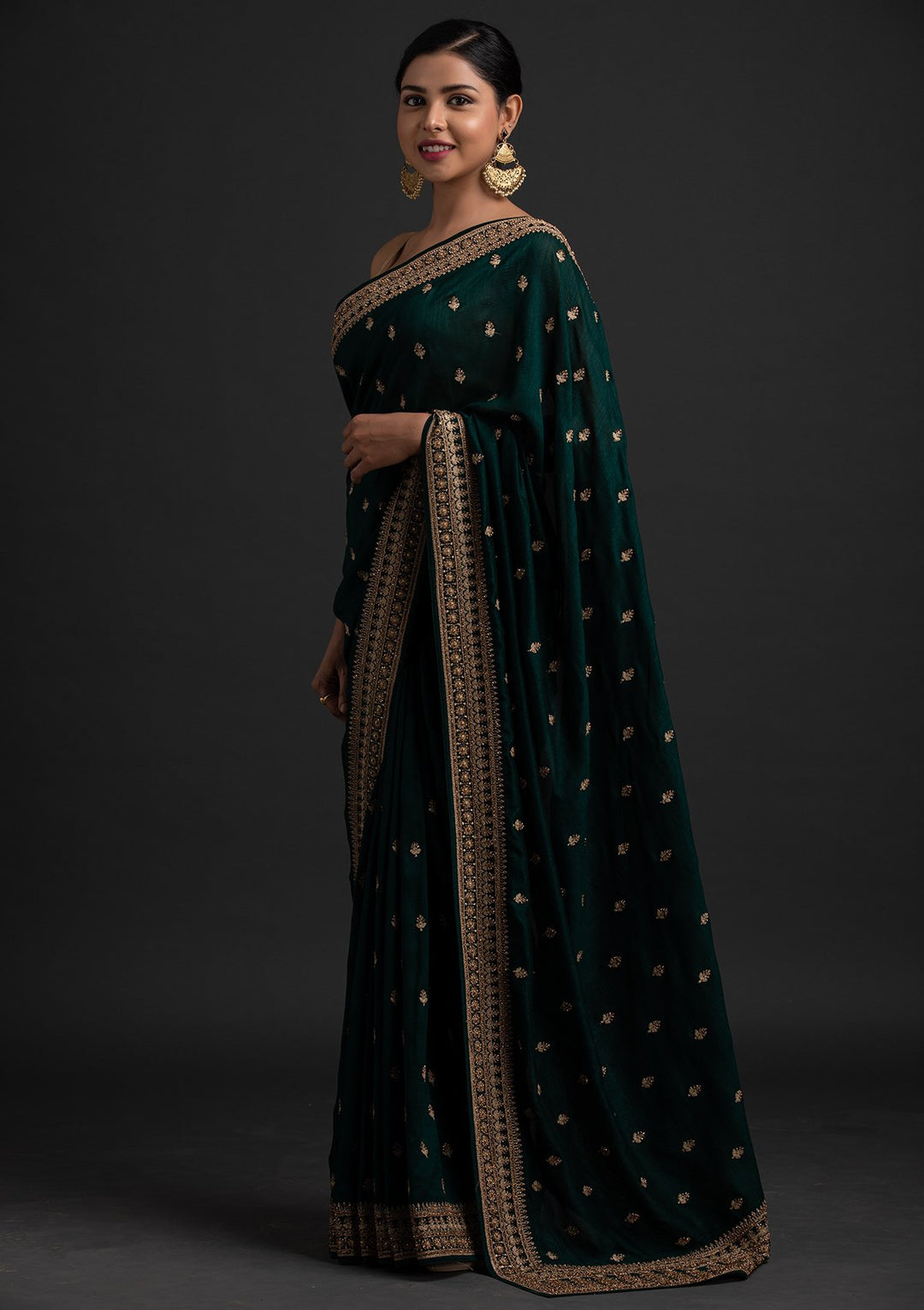 Bottle Green Stonework Raw Silk Designer Saree - koskii