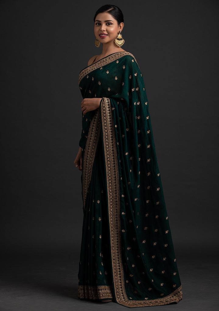 Bottle Green Stonework Raw Silk Designer Saree - koskii