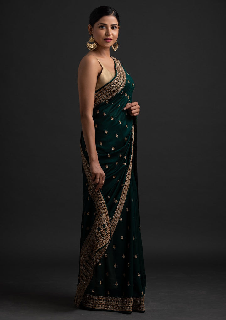 Bottle Green Stonework Raw Silk Designer Saree - koskii