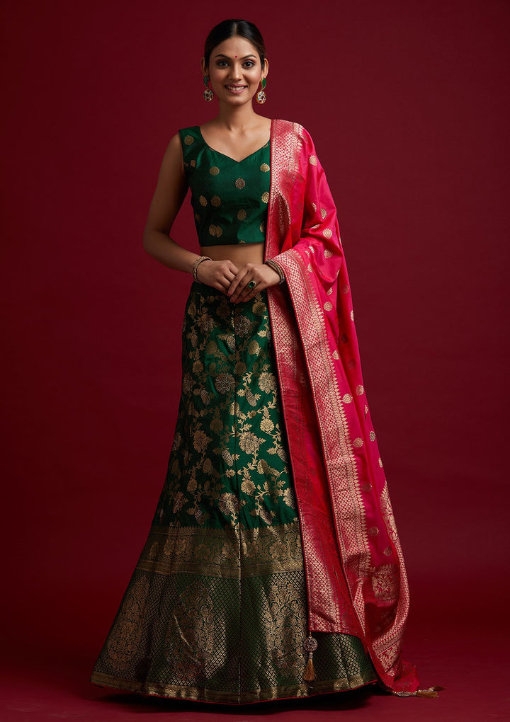 Bottle Green Swarovski Banarasi Designer Semi-Stitched Lehenga - koskii