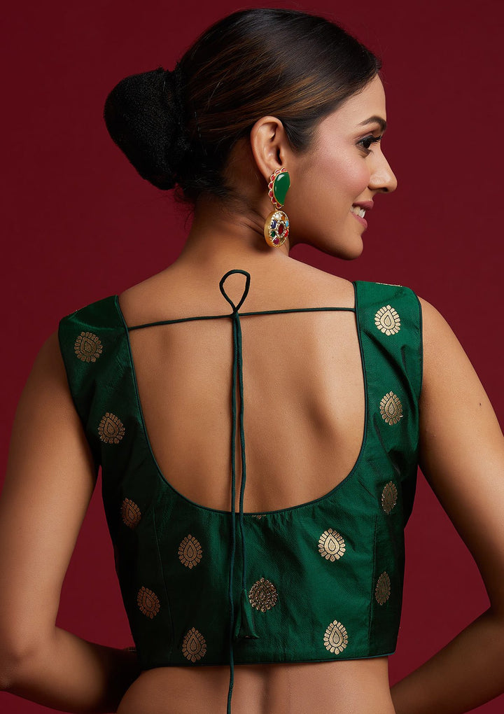 Bottle Green Swarovski Banarasi Designer Semi-Stitched Lehenga - koskii