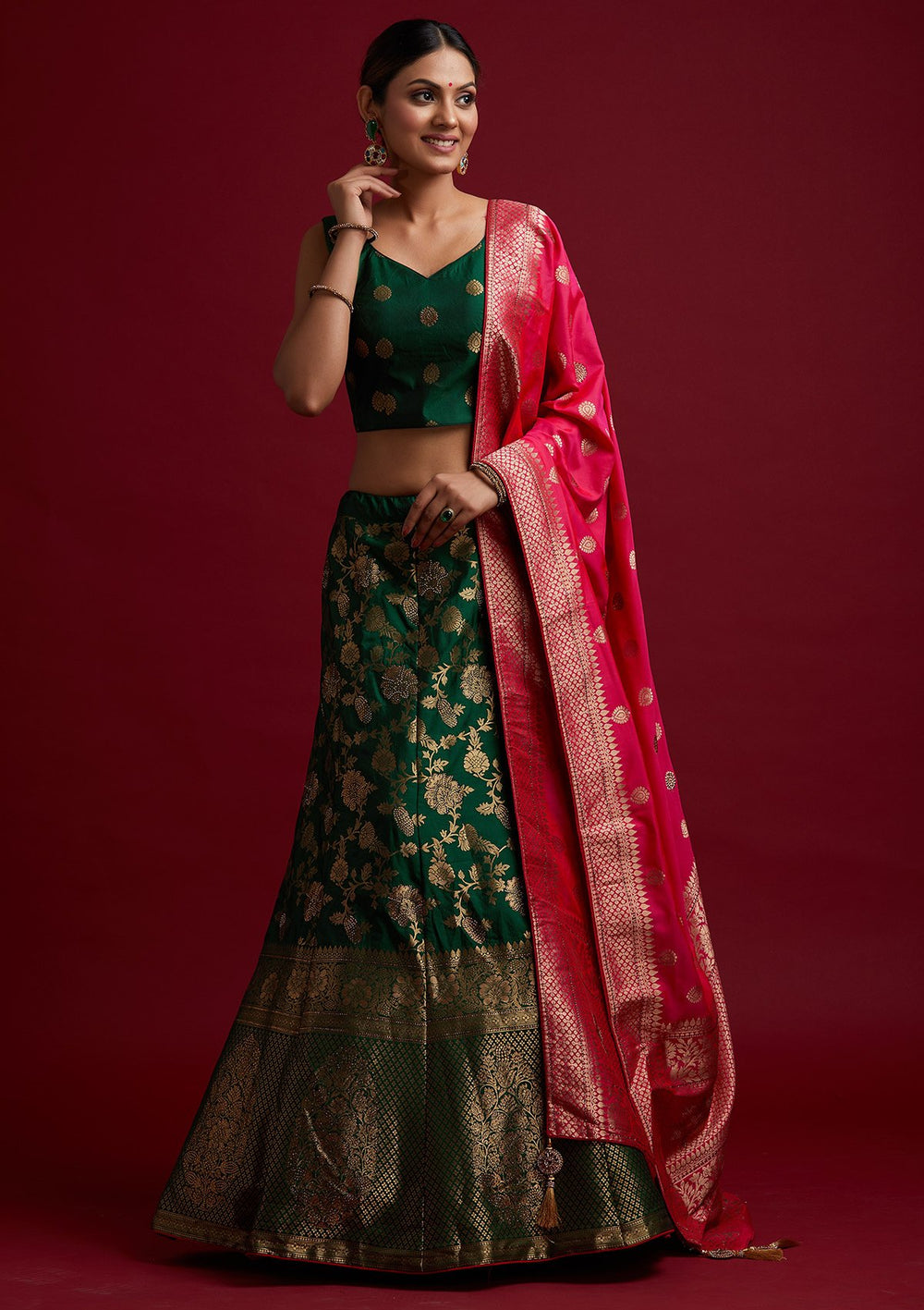 Bottle Green Swarovski Banarasi Designer Semi-Stitched Lehenga - koskii