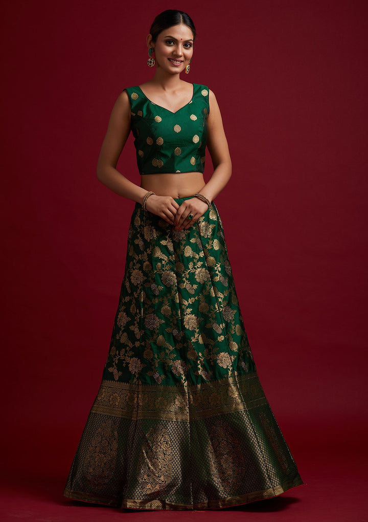 Bottle Green Swarovski Banarasi Designer Semi-Stitched Lehenga - koskii