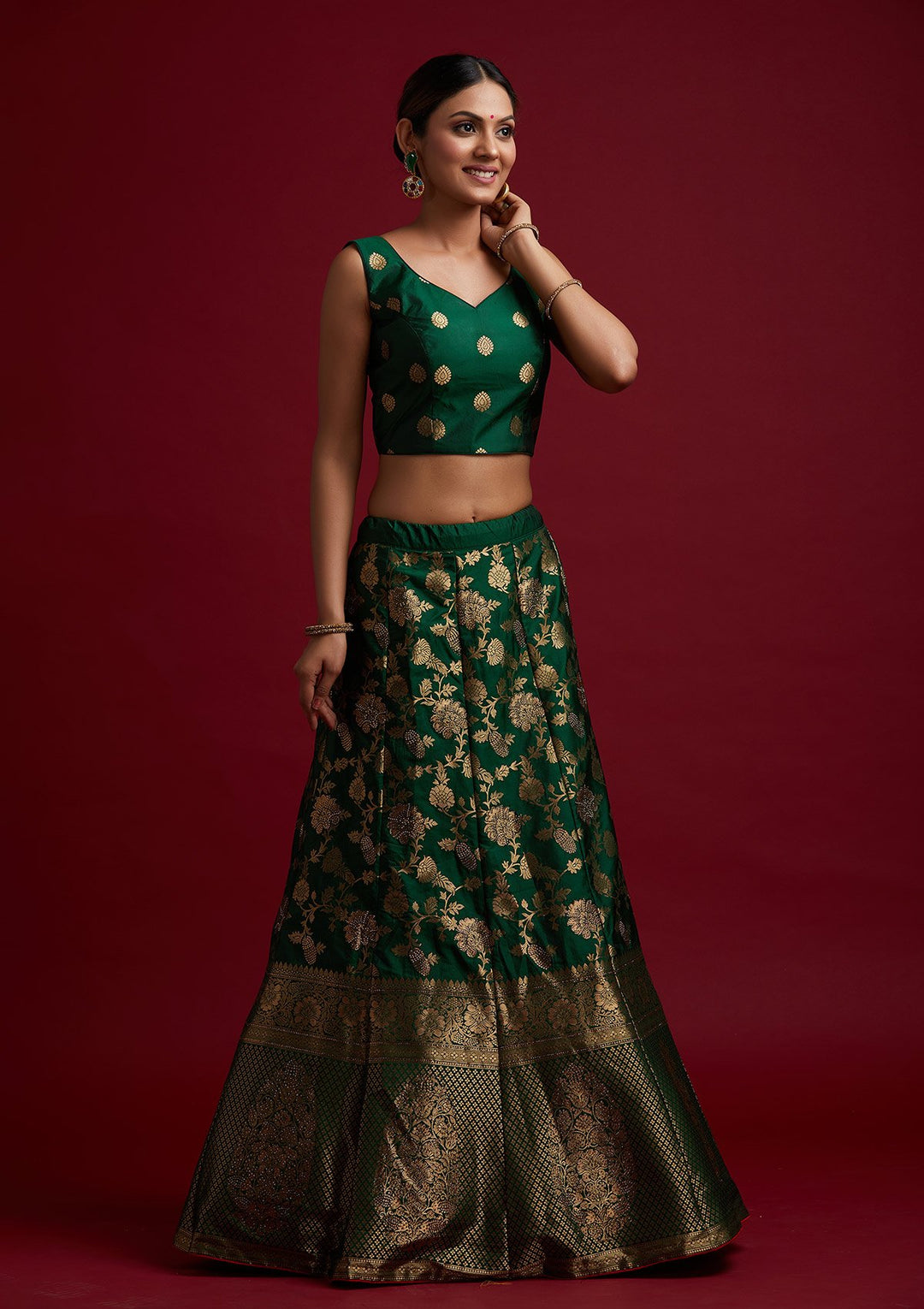 Bottle Green Swarovski Banarasi Designer Semi-Stitched Lehenga - koskii