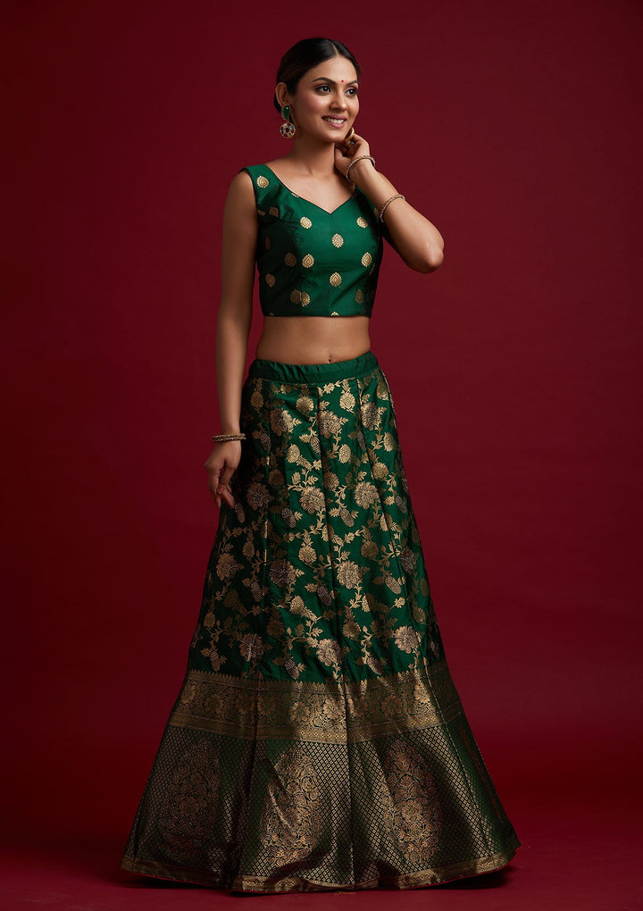 Bottle Green Swarovski Banarasi Designer Semi-Stitched Lehenga - koskii