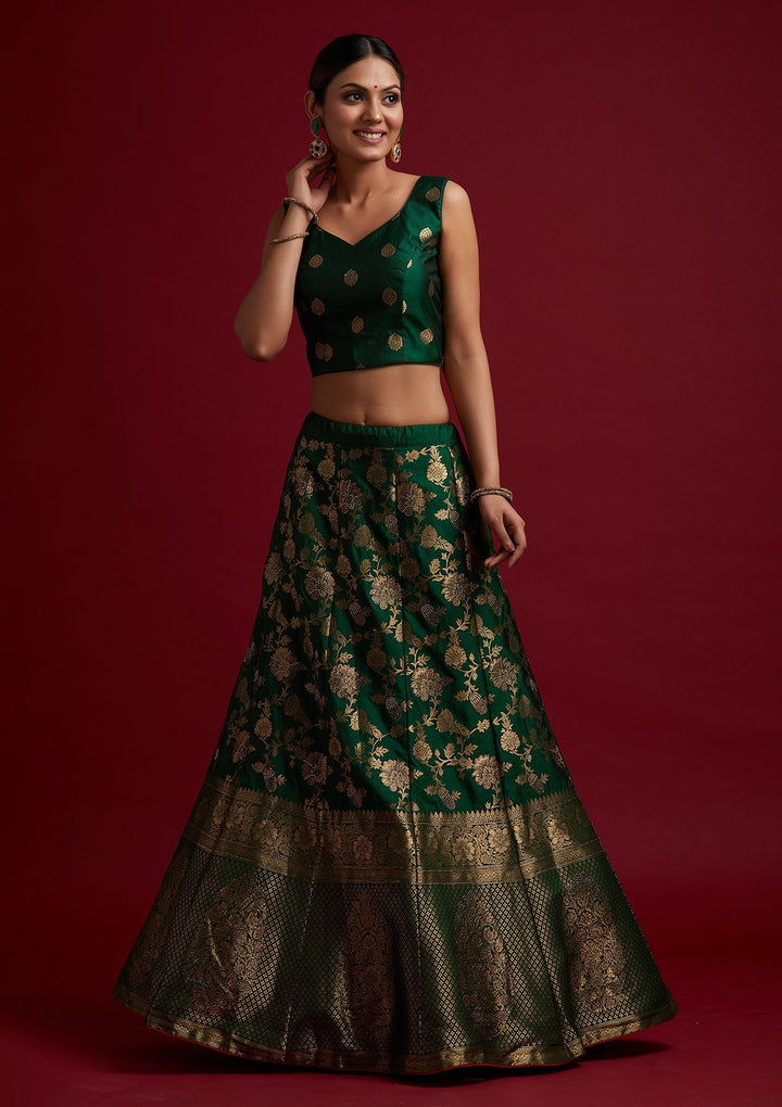 Bottle Green Swarovski Banarasi Designer Semi-Stitched Lehenga - koskii