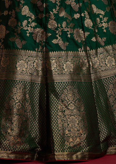 Bottle Green Swarovski Banarasi Designer Semi-Stitched Lehenga - koskii