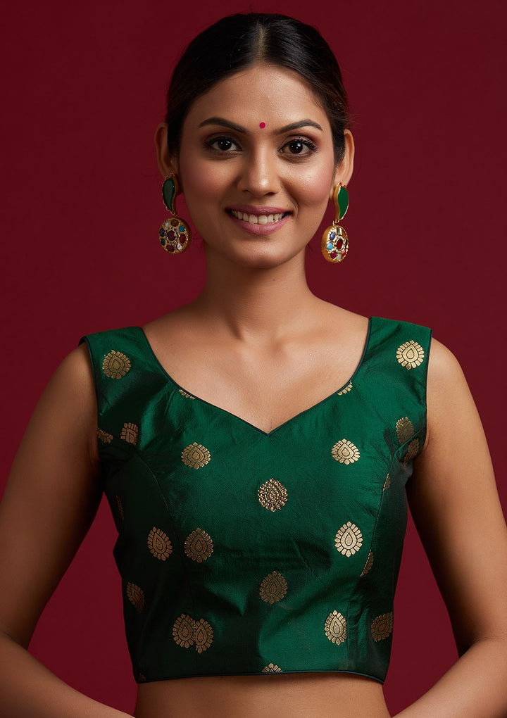 Bottle Green Swarovski Banarasi Designer Semi-Stitched Lehenga - koskii