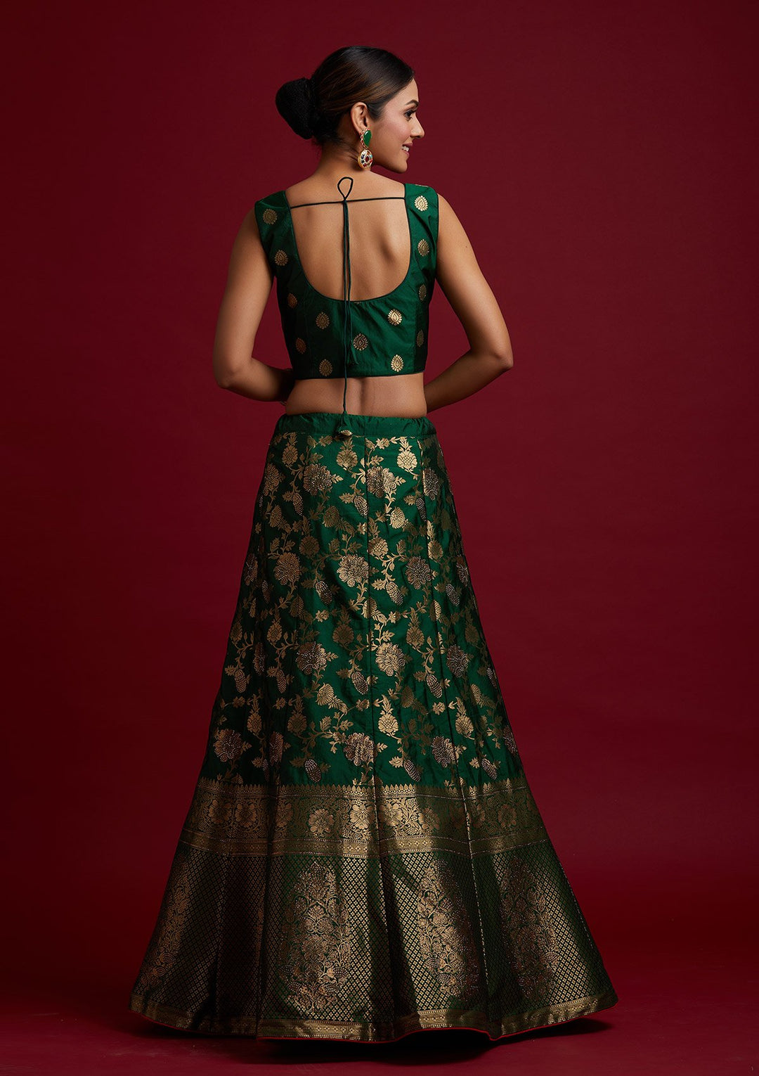 Bottle Green Swarovski Banarasi Designer Semi-Stitched Lehenga - koskii