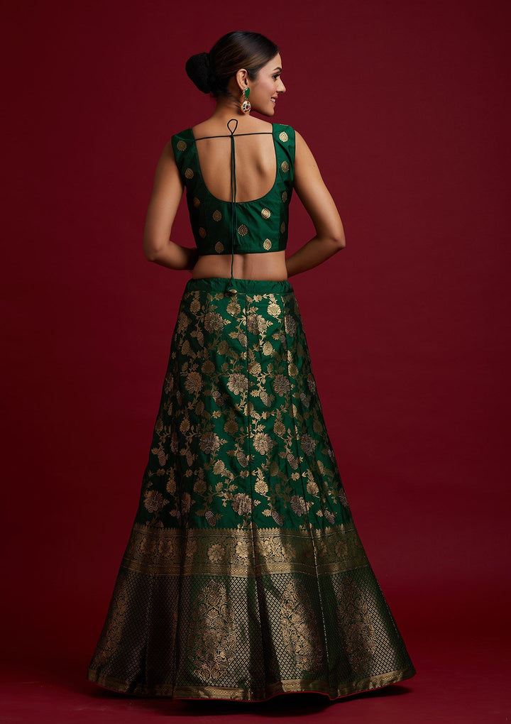 Bottle Green Swarovski Banarasi Designer Semi-Stitched Lehenga - koskii
