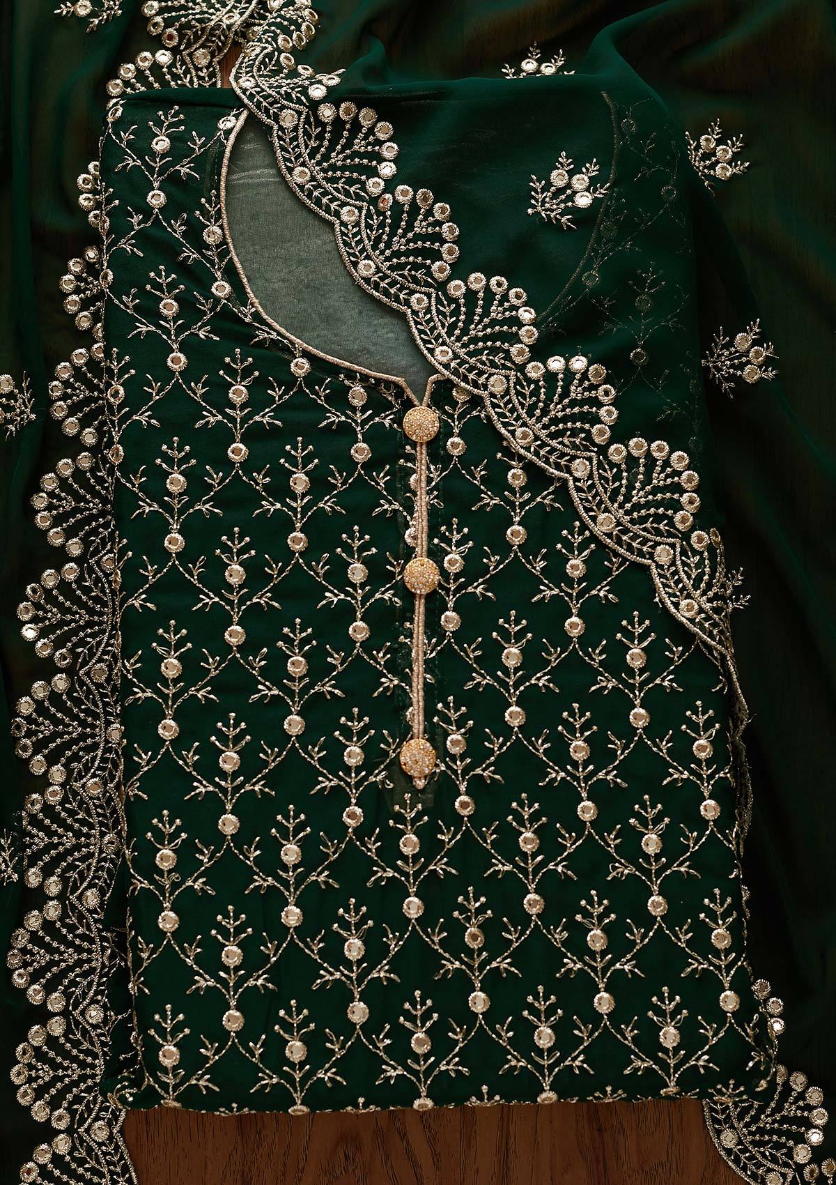 Bottle Green Swarovski Georgette Designer Unstitched Salwar Suit - Koskii