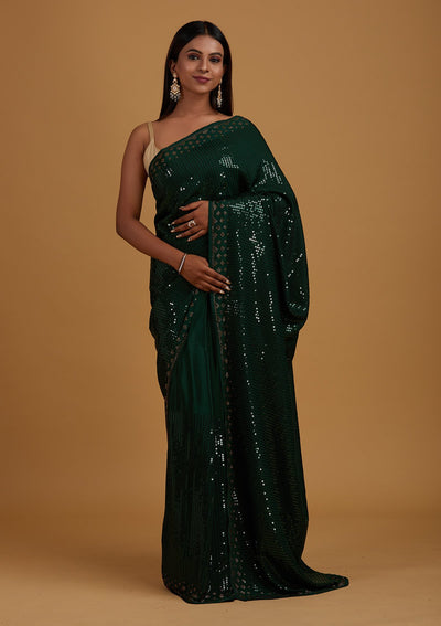 Bottle Green Swarovski Semi Crepe Designer Saree - Koskii