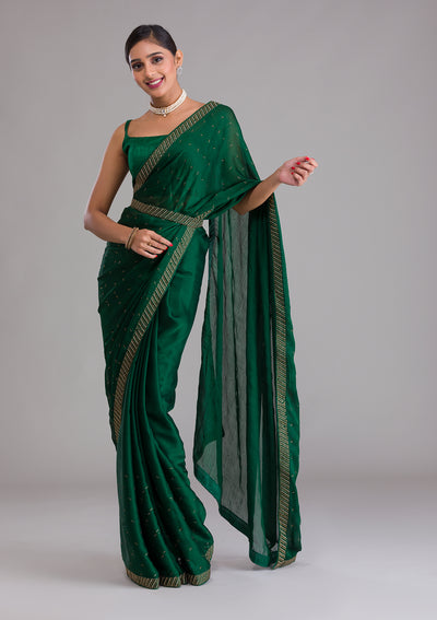 Bottle Green Swarovski Semi Crepe Saree-Koskii