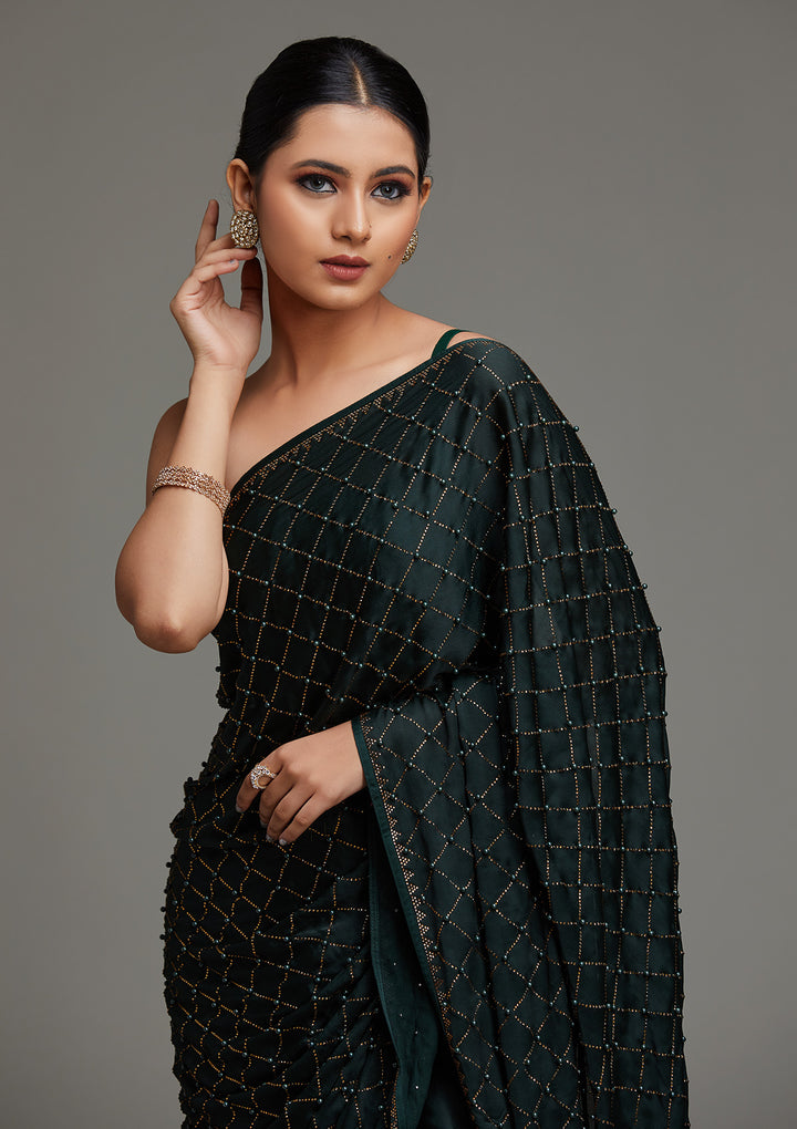 Bottle Green Swarovski Shimmer Saree - Koskii