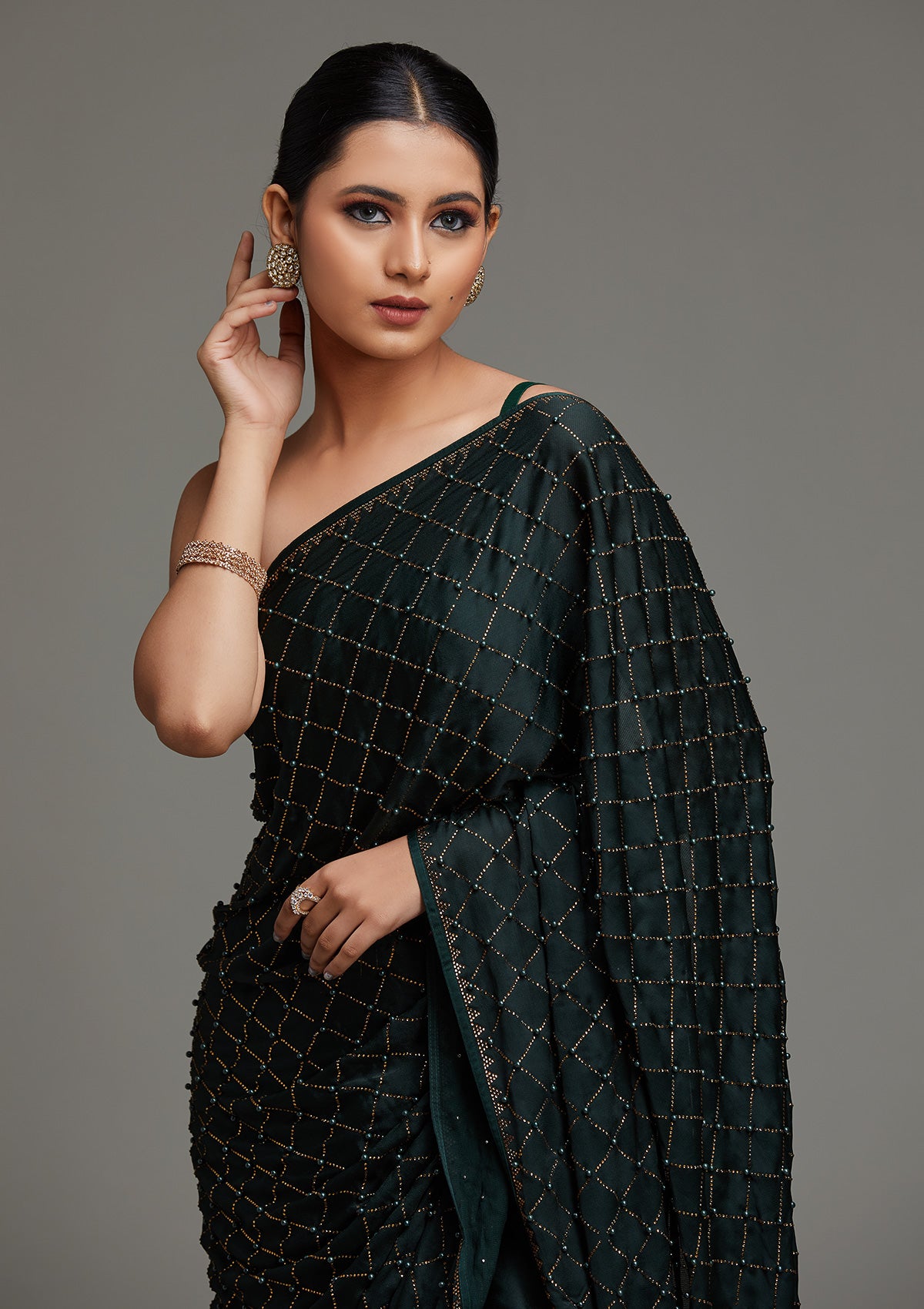 Bottle Green Swarovski Shimmer Saree - Koskii