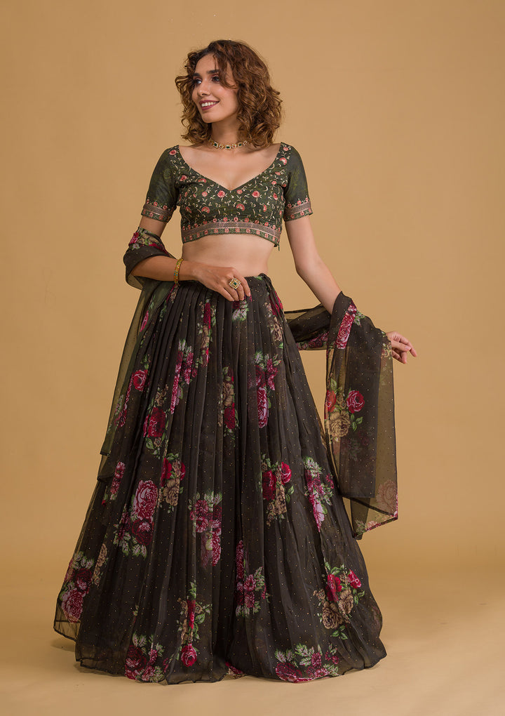 Bottle Green Swarovski Tissue Semi Stitched Lehenga-Koskii